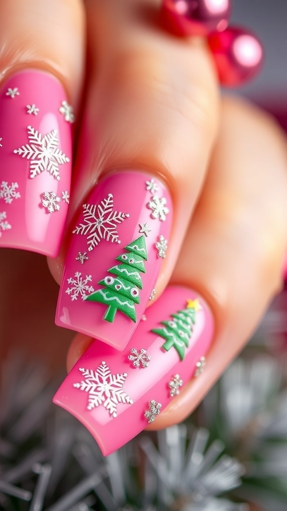 Close-up of pink Christmas 3D nails with snowflakes and Christmas tree decorations.